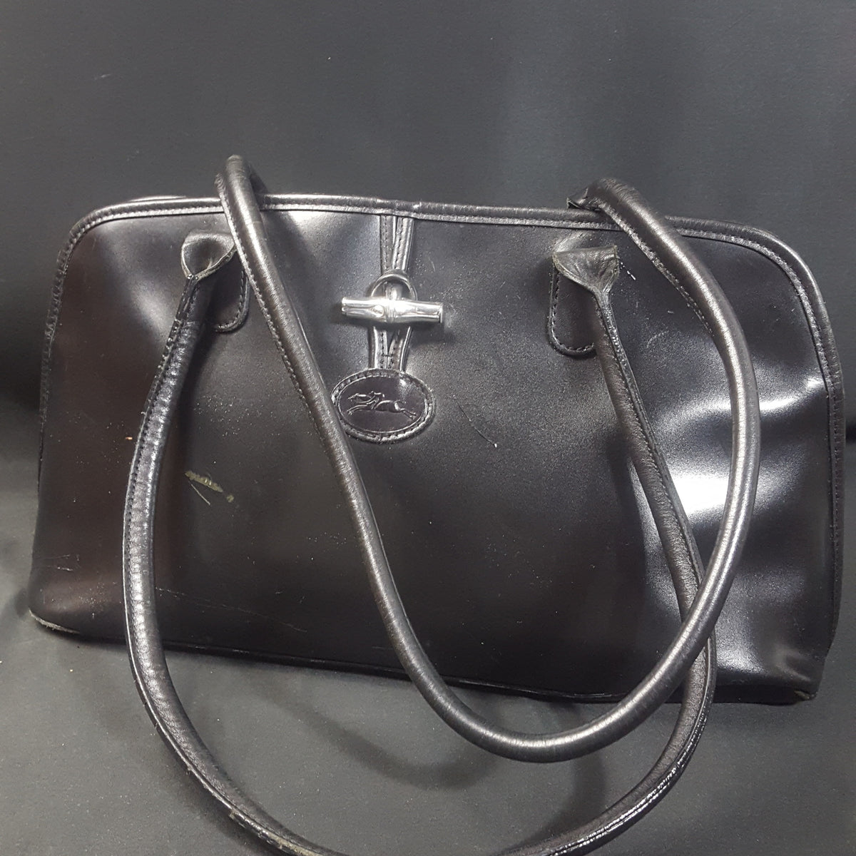 VTG Longchamp Roseau Shoulder Sling Bag Black Leather