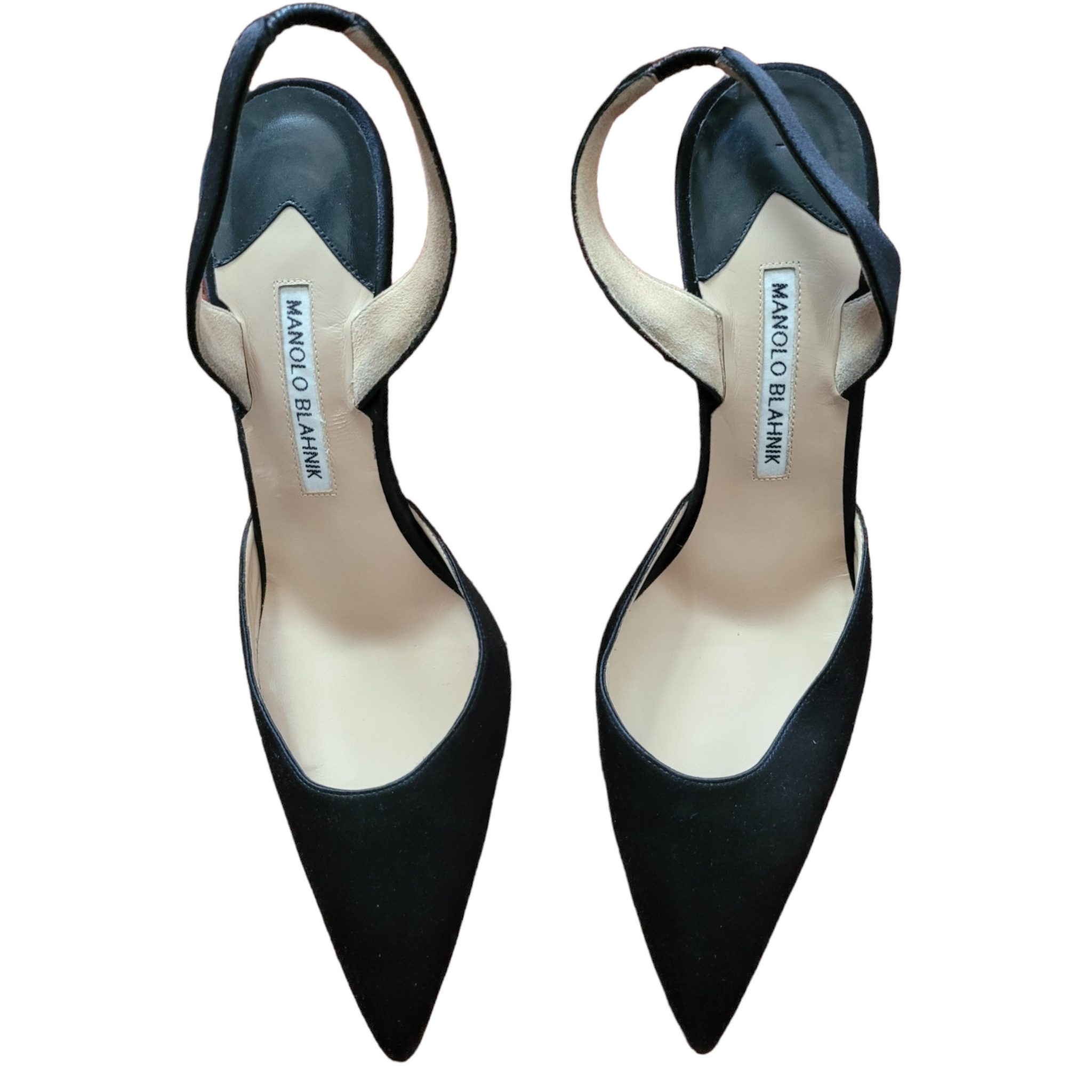 Manolo Blahnik Carolyne Satin Pointy Toe Black Slingback